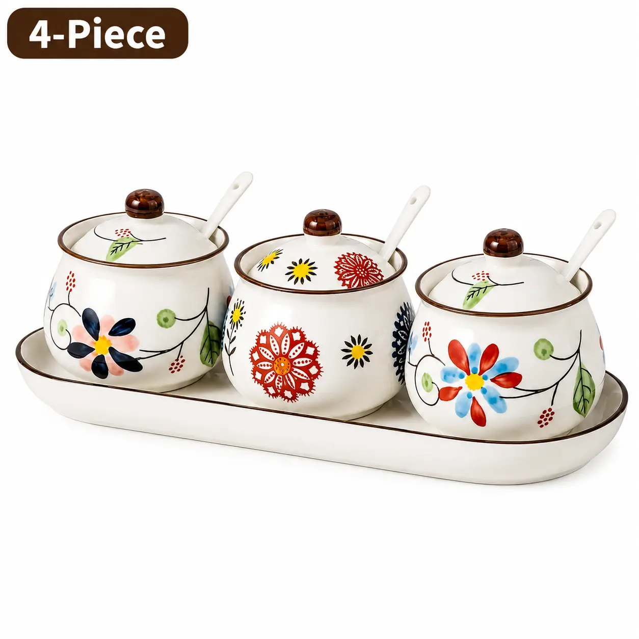 4-Piece Ceramic Seasoning Jar Set with Lids, Spoons and Organizer Tray, Floral Condiment Containers for Salt, Sugar and Spices, Kitchen Countertop Storage.sugarjar