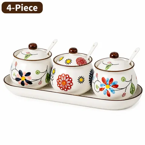 Vintage Floral Ceramic Seasoning Jar Set - 4-Piece Kitchenware with 3 Jars, Lids, Spoons, Organizer Tray, Seasoning Containers, Utensils for Home Decor, Cooking Salt Sugar Spice Countertop Storage