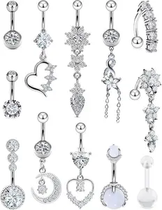 Dangle Belly Button Ring Piercing Jewelry  Stainless Surgical Steel Heart Flower CZ Reverse Navel Rings Dangling Belly Button Ring Piercing Jewelry for Women  Gauge Hypoallergenic