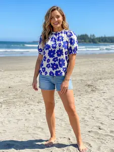 New Elegant Summer Plus Size Women's T-Shirt, Ruffle, Fashion Floral Print, Leaf Pattern, Short Sleeve, Casual Style, Perfect for Daily Wear and Vacation