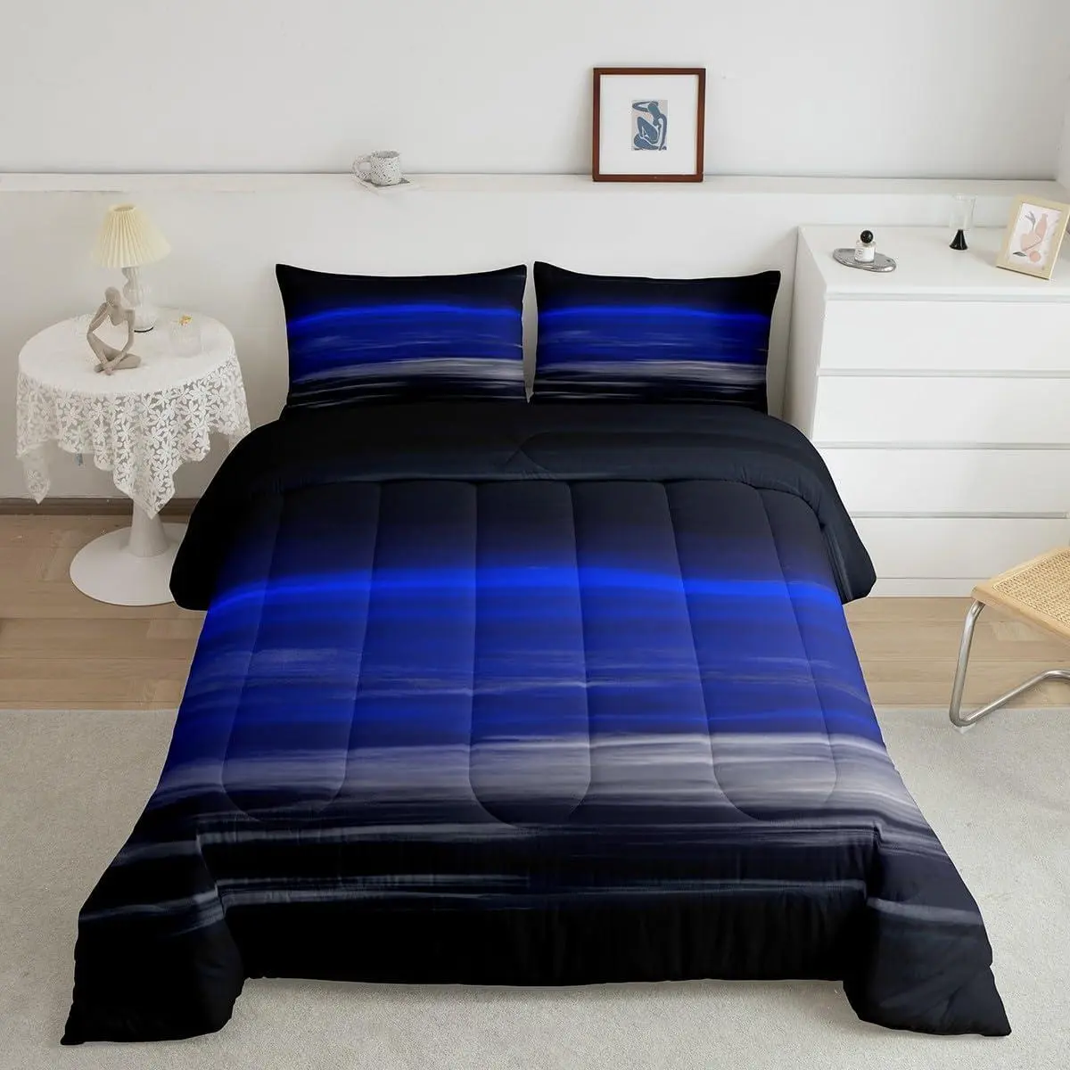 Geometric Abstract Ombre Bedding Set Blue Grey Black Comforter Women Men Ultra Soft Decor Modern Duvet Set