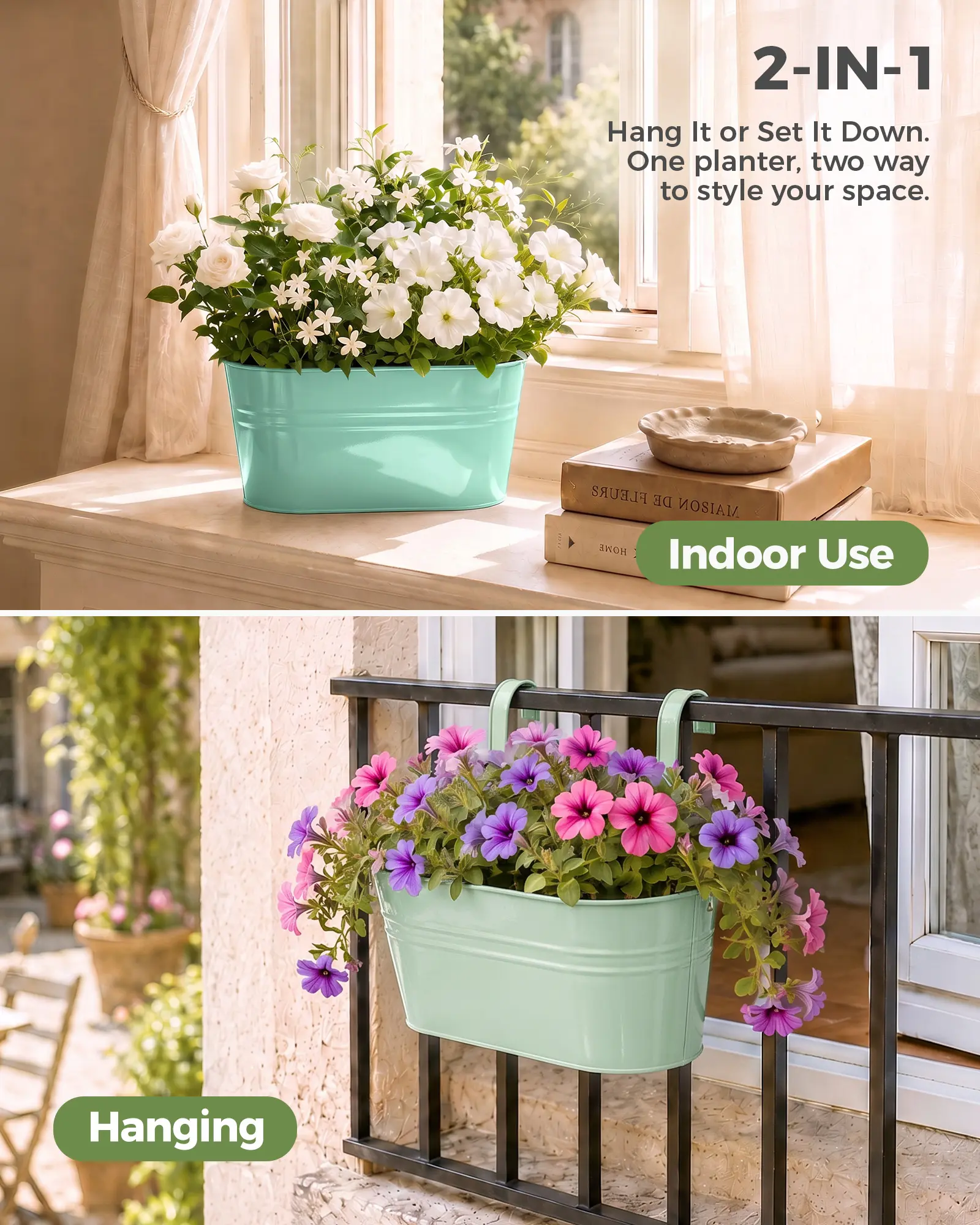 Bamworld 4-Pack Hanging Metal Planters with Hooks, Rust-Resistant Railing Planters for Fence/Balcony, Indoor Outdoor Wall Flower Pots with Drainage Holes