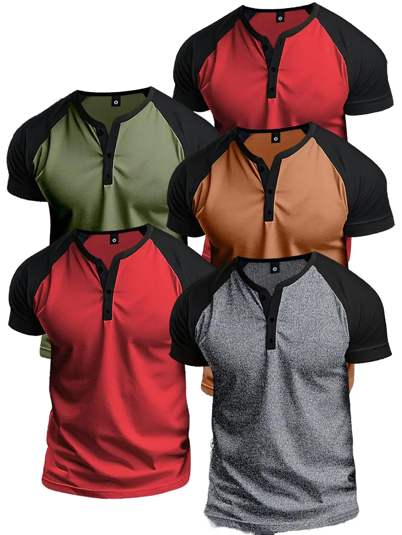 Men's 5-Piece Fitted Set: Slim-Fit Cotton Stretch Short-Sleeve Henry Shirt with Buttons, Casual Stylish Tee, Mixed-Color Socks, Biker Streetwear Top, Stretch Fabric, Dry Clean Compatible