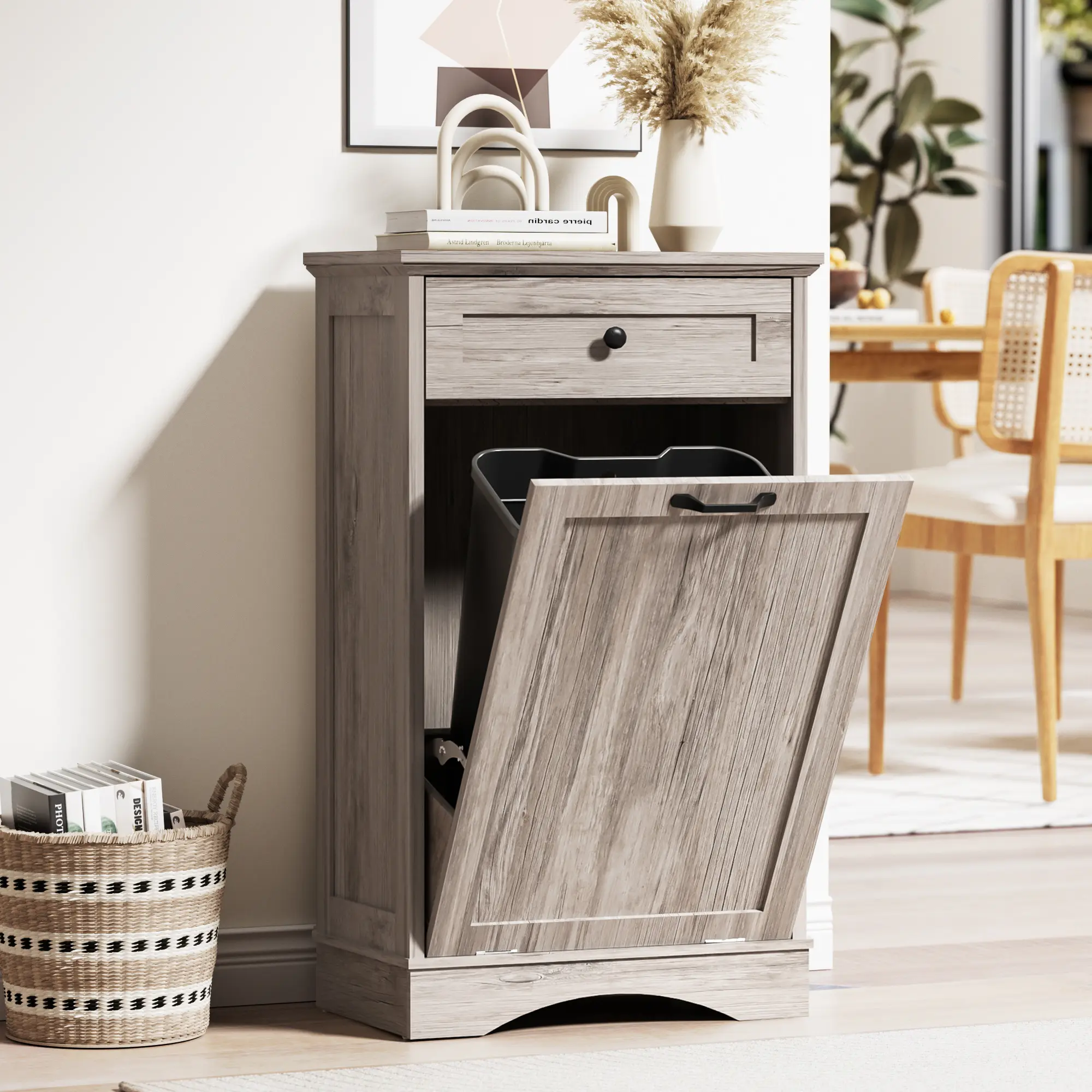 Spurgehom 13-Gallon Hidden Type Tilt-Out Trash Can Cabinet - Pet-Proof MDF Wood Unit with Drawer, Odor Seal, Freestanding Storage for Modern Kitchen, Household Waste Bin for Recycling Bin Use & Sorting Small Items Neatly (Trash Can Not Included)
