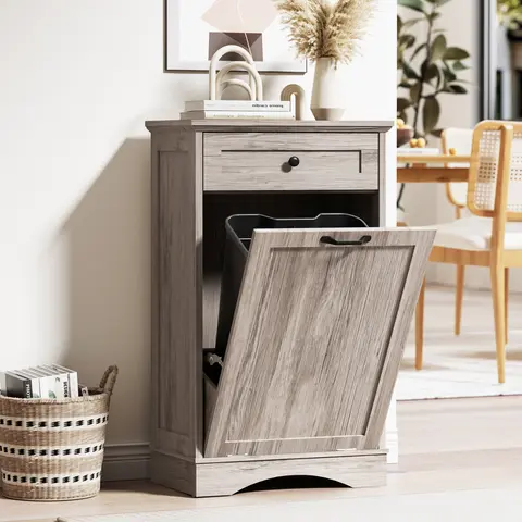 Spurgehom 13-Gallon Hidden Pet-Proof MDF Wood Trash Can Cabinet - Freestanding Household Waste Bin with Drawer for Organization, Slides, Odor Seal, Rust-Resist Hinges, Easy Installation for Daily Modern Kitchen Use (Trash Can Not Included)#SohoChic