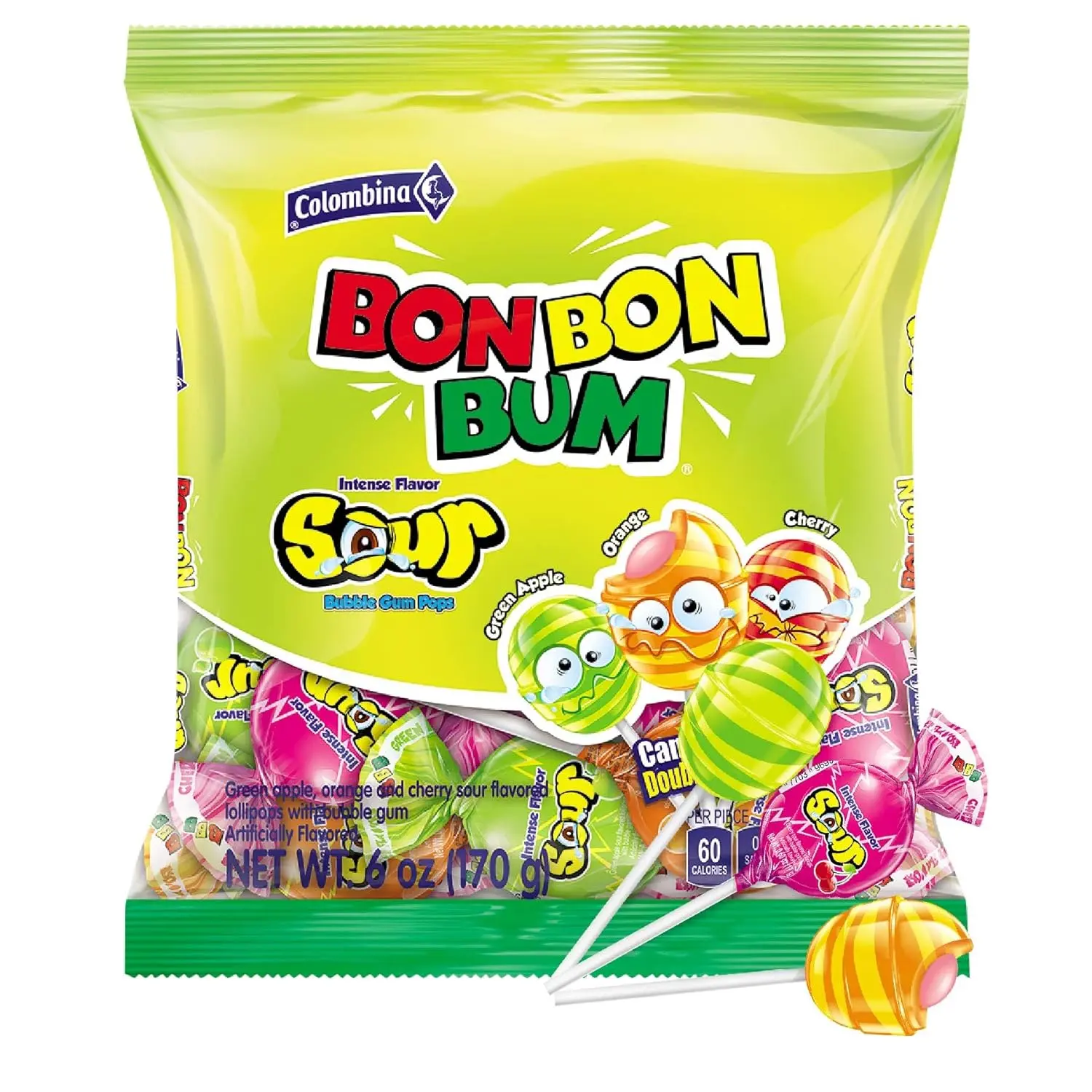 Colombina Bon Bon Bum Lollipops w\/Bubble Gum Center, Assorted Sour Mix, Individually Wrapped, Ideal for Party Favors and Gifts, 1 Pack (10 Count)