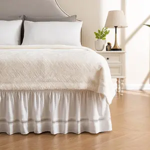 MIYE Wrap Around Ruffled Lace Bed Skirt, Elastic Dust Ruffle with Belts, Easy to Put On, Bed Frame Cover, Machine Washable (Ruffled Lace/White, Full/Twin-15 Drop)
