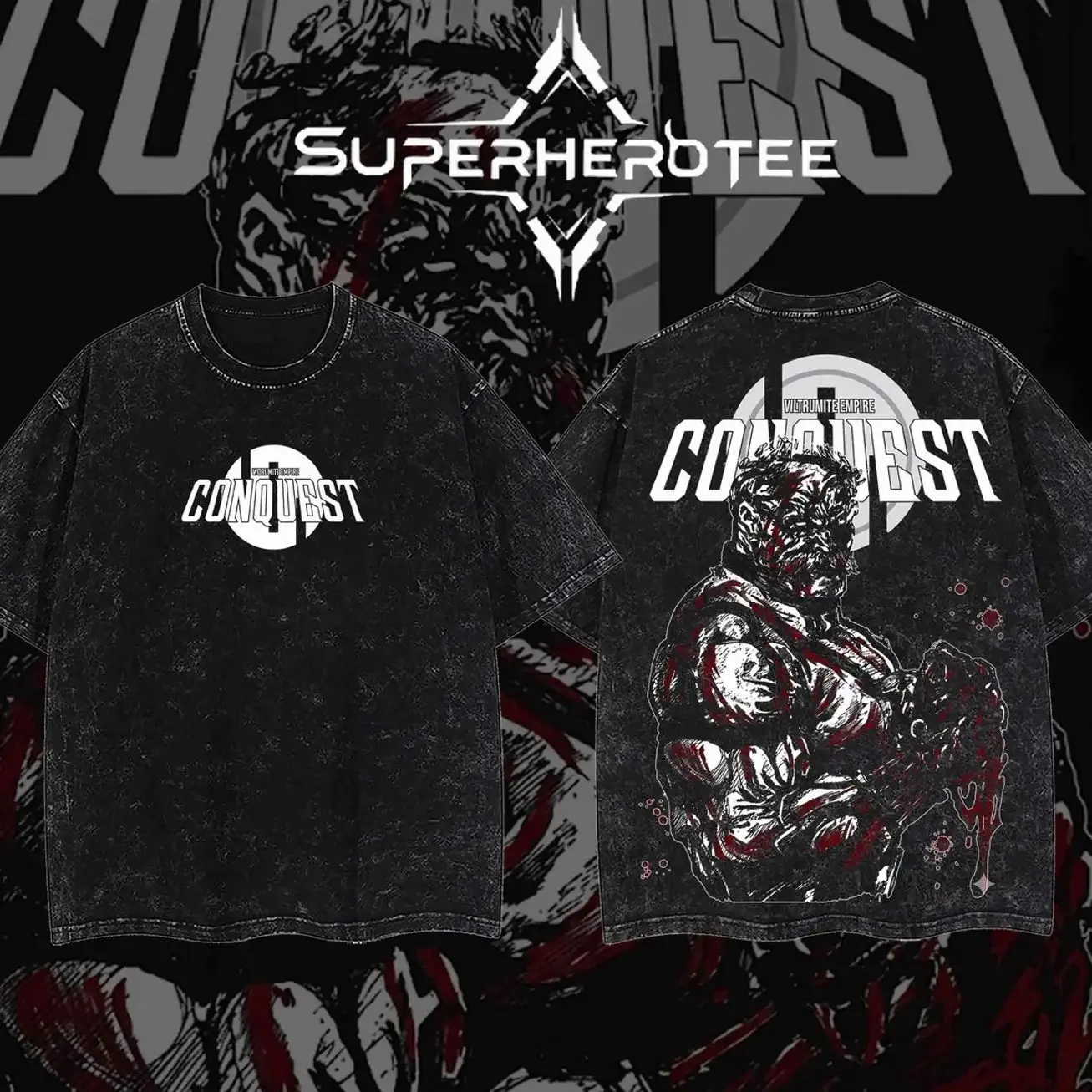 [ superhero tee ] Conquest V2 Invincible Villain New Version 2026 Graphic Tee, Vintage Washed Superhero Shirt, Viltrumite Warrior Conquest Design, Comic Panel Collage Print, Unisex Streetwear Heavyweight Cotton Tee, Gift for Invincible Fans KU6