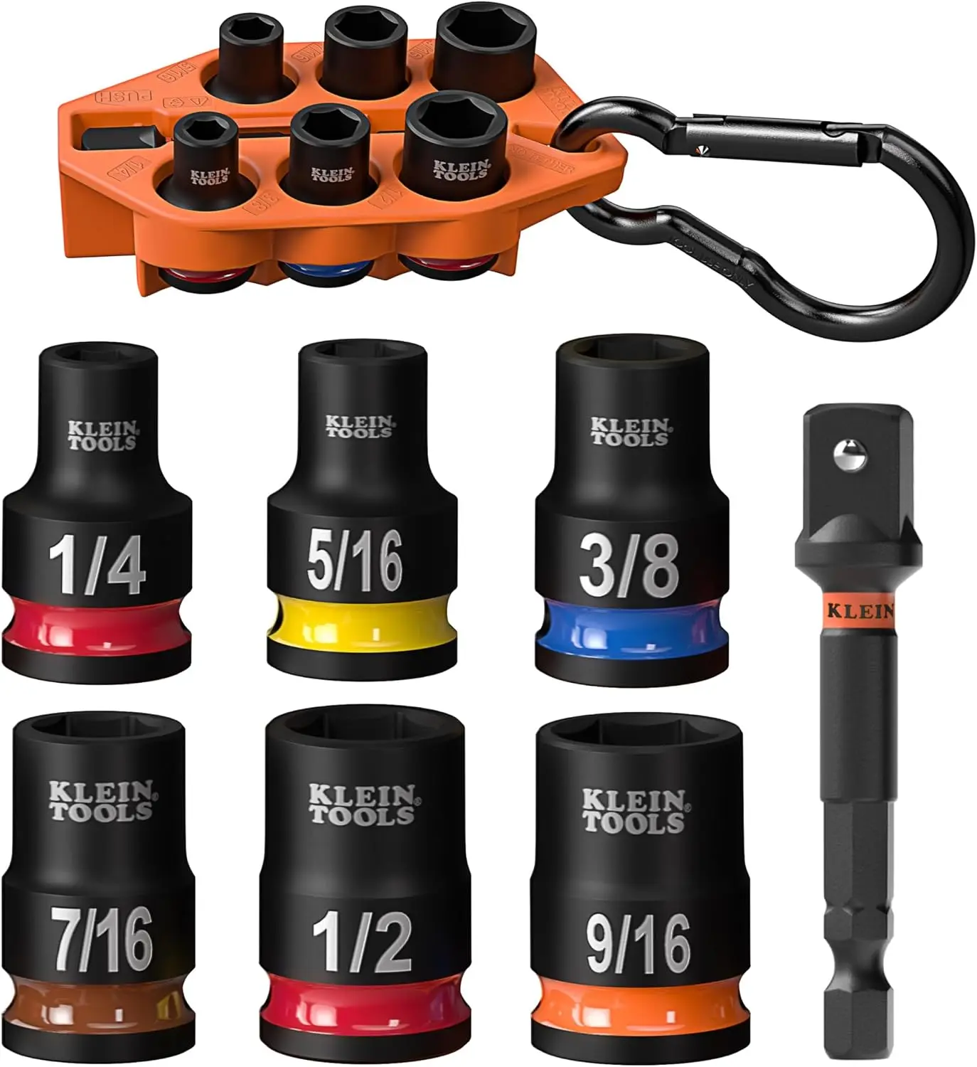 33808 Grab-And-Go Impact Socket Set, SAE, 7-Piece Set with Sleeve, Carabiner, and 3/8-Inch Drive, Color-Coded 1/4, 5/16, 3/8, 7/16, 1/2, and 9/16-Inch Sockets