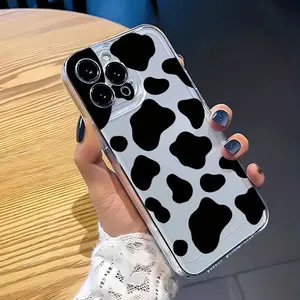 Premium Phone Case Black Cow Pattern Case for iPhone 16 15 14 Pro Max 13 12 11 XR XS Plus Non-Yellowing Clear Crystal Drop-proof slim Silicone Protective Cover