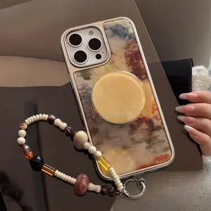 Marble Texturizer Protective Phone Case with Lanyard & Stand, Decorative Phone Protector Cover, Phone Accessories Compatible with Smartphone iPhone 11 12 13 14 15 Pro Max, Casing, Protection, Cellphone