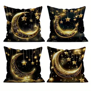 4pcs Ramadan Pillowcase, Golden Star and Crescent Moon Pattern Design