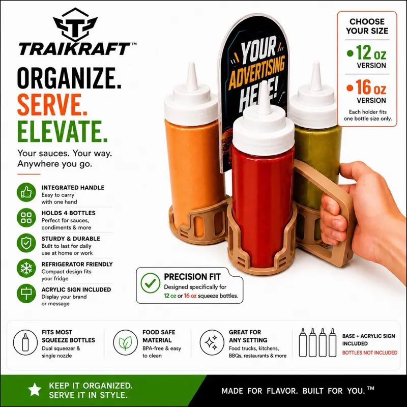 Traikraft 4-Compartment 12 oz / 16 oz Condiment Caddy w/ Handle & Acrylic Sign