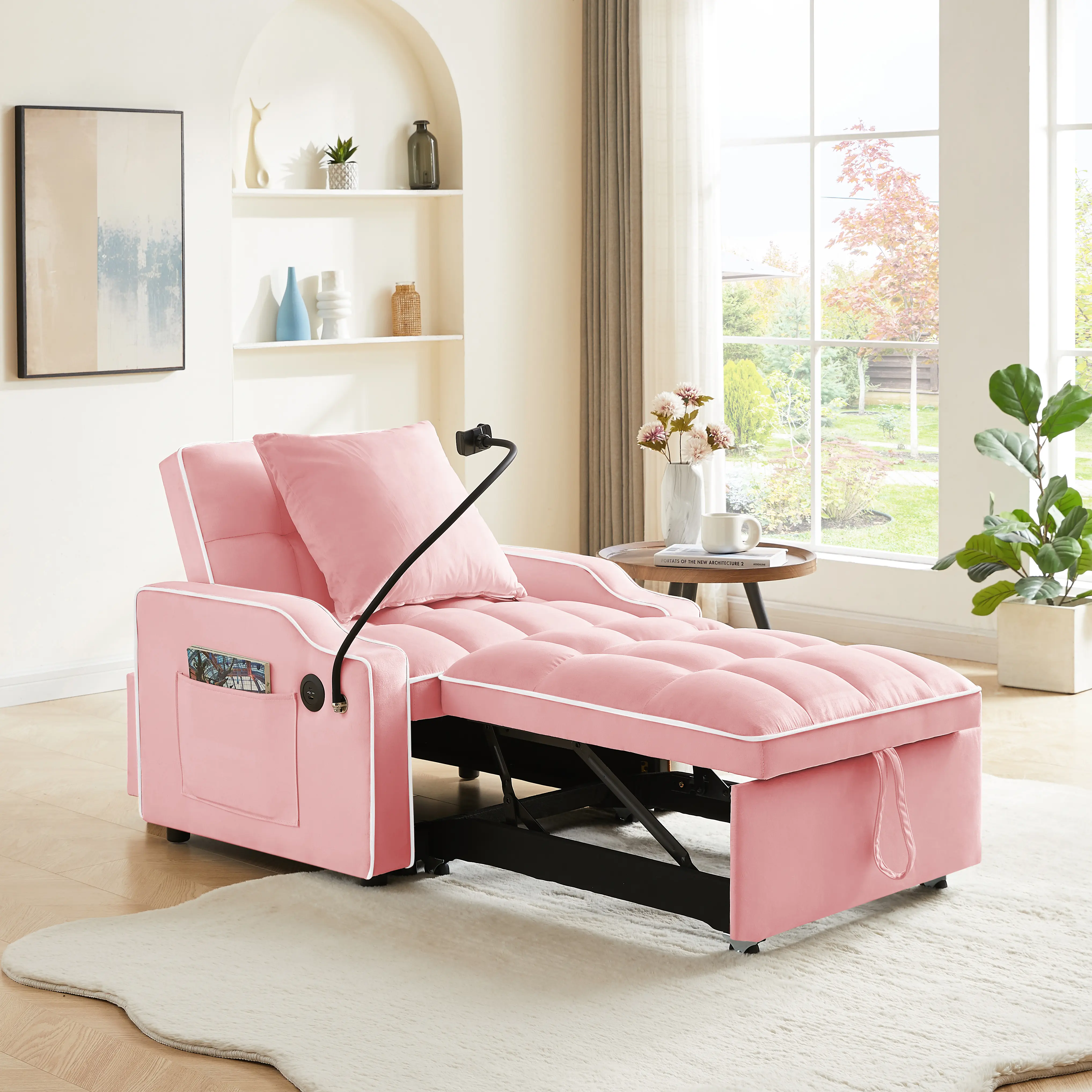 Convertible Pink Sleeper Chair Bed - Convertible Seat with Pull-Out Footrest (Pull-Out Rest), Phone Holder, Side Pocket & Pillow for Bedroom