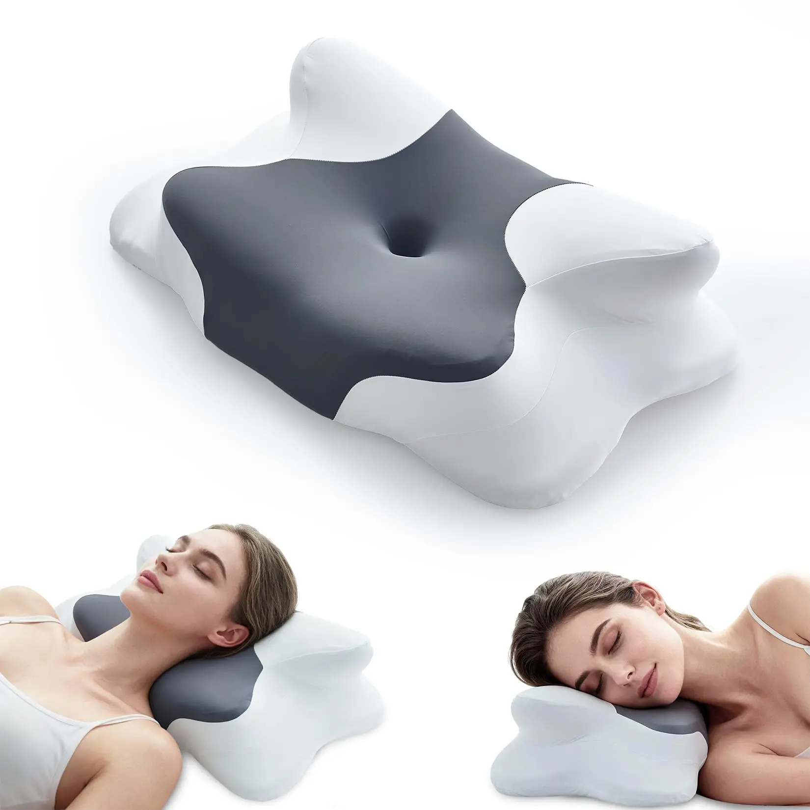 Cervical Neck Pillow for Pain Relief, Ergonomic Orthopedic Butterfly Pillow, High Density Memory Foam Neck Support for Side, Back and Stomach Sleepers, Grey