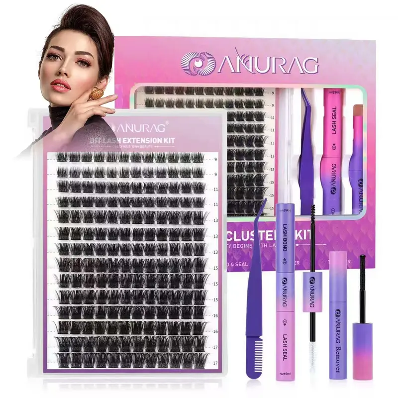 Nature DIY Individual Eyelash Cluster Kit for Adults & Beginners - 9-17mm B Curl Shape, 0.03mm Solid Fiber Eyelash Extensions, Waterproof Bonding, Sealing, Applicator, Christmas & New Year Gifts