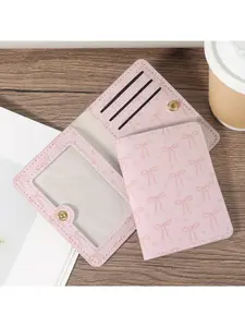 Lady's pink buttoned wallet - heart-shaped bow pattern multi-card slot folding credit card holder, stylish compact storage bag, Casual Card Holder