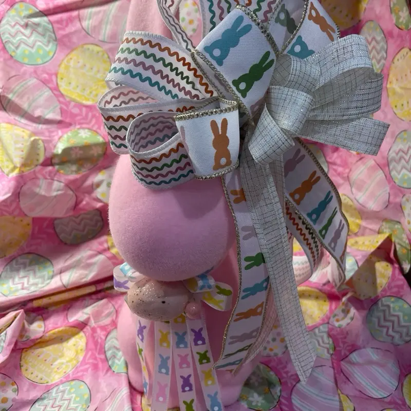 Pink Sitting Bunny with Bow - Handmade, Soft Plush Design, Pink Color, Unique Patterns, Ideal for Gifts and Collectibles