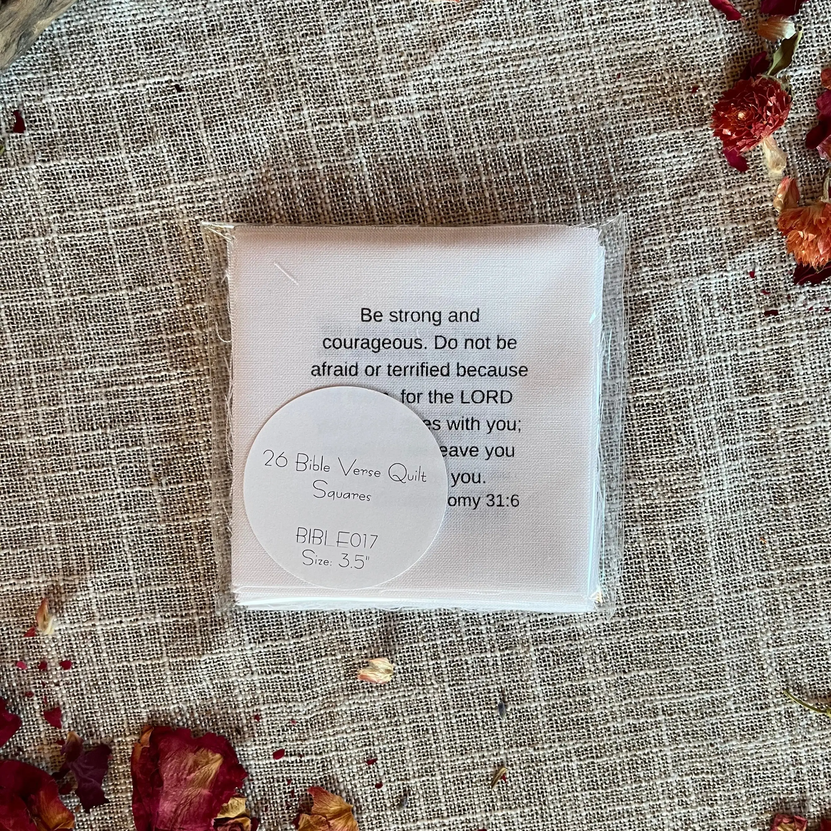 KJV Bible Verse Precut Quilt Squares – Set of 26 | Fabric Charm Pack on White Cotton