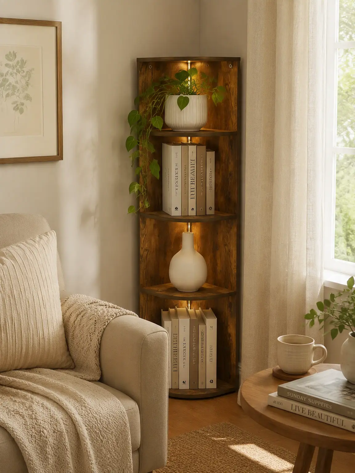Amber Pine Wood 4-Tier LED Open Corner Shelf with Sturdy Base, 8.8x12x41.4in Space-Saving Organiser, Indoor Room Divider for Home Office & Living Room, Small Space Decor Light