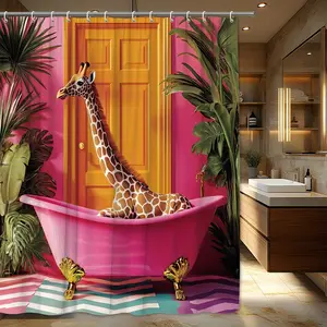 Humorous Giraffe Relaxing in Pink Pedal Bathtub Pattern Forest Shower Curtain Design, Polyester Fabric, Windows and Walls, Bathtub, Bathroom Home Decor Shower Curtain, Four Seasons Universal, Bathroom Decor Curtain, Comes with 12 Hooks
