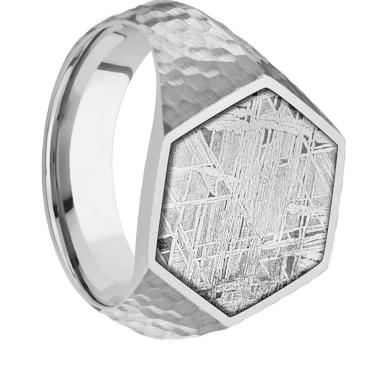 Large Hexagon signet ring (18.5x16mm) in Palladium Silver, with a Wide style band, a Meteorite inlay.
