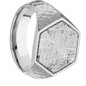 Large Hexagon signet ring (18.5x16mm) in Palladium Silver, with a Wide style band, a Meteorite inlay.