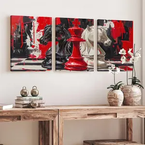 3 Piece Set Wooden Framed Canvas Poster, Chess, Modern Abstract Oil Painting Style, Red And Black Clash, Graffiti Art Aesthetics, Home Decor, Decorative Artwork, Art Print, Wall Art for Living Room, Bedroom, Ideal Gift For Friends