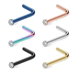 6-Piece L-Bend Nose Stud Set, Crystal Top Piercings in Blue, Rose Gold, Rainbow, Silver, Black & Gold Finishes, Durable Jewelry for Everyday & Delicate Styling