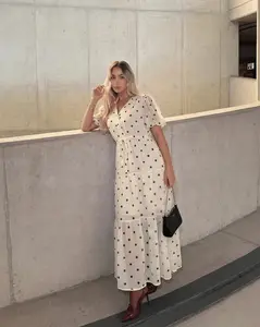 Women's Polka Dot Short-Sleeve Tiered Midi Dress - Polyester Fabric, Drawstring Design, Loose-Fitting Flattering Silhouette, Shortsleeve Dot Casual Dresses for Ladies