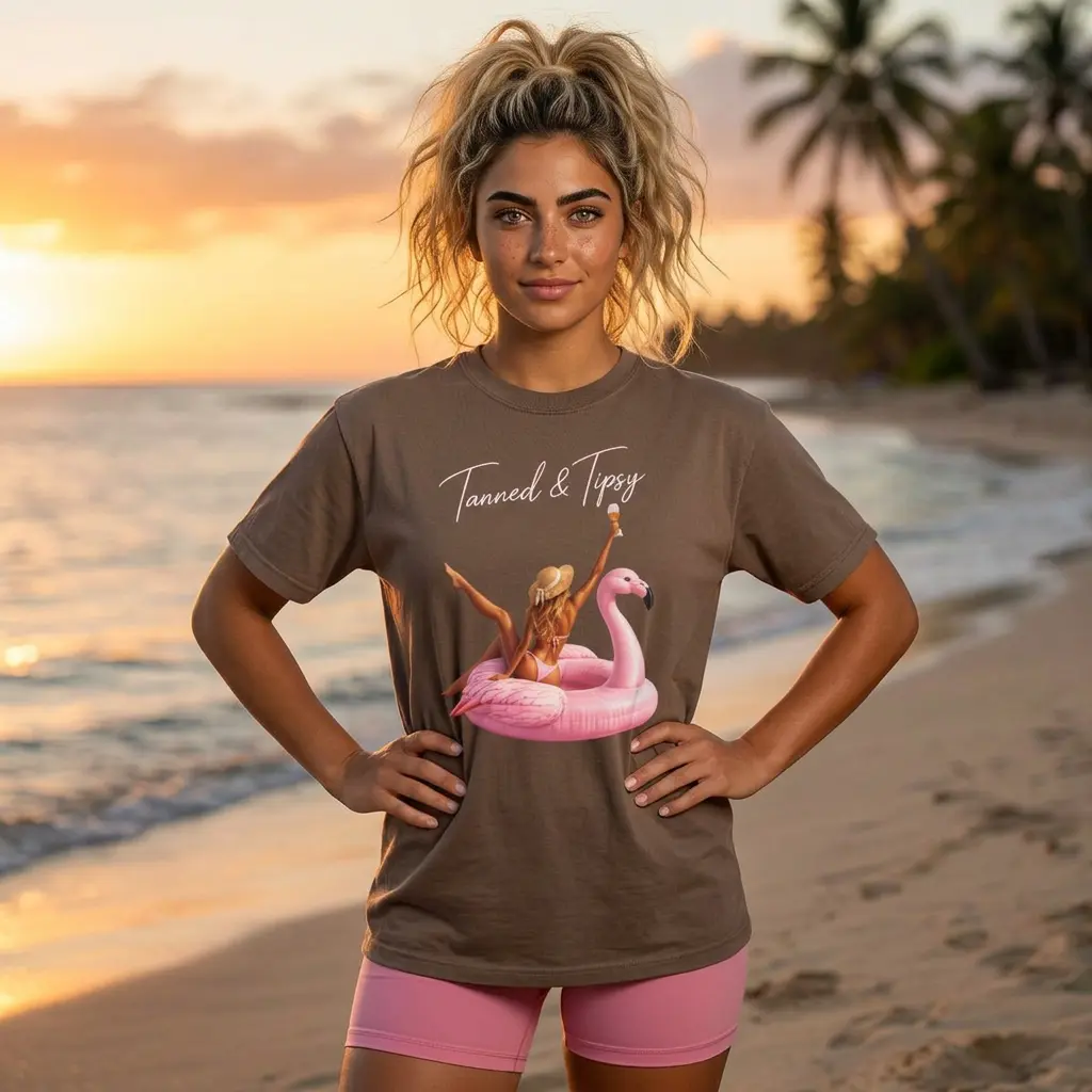 Women's Pink Flamingo Float T-Shirt - Chic Oversized Tropical Fabric Top, Tanned & Tipsy Flamingo Design, Hot Girl Summer Day Vibes