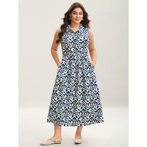 BLOOMCHIC Plus Size Spring Abstract Print Shirt Collar Midi Dress [M–6X], 2026 Summer Vibes