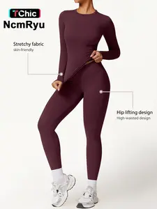 Two-Piece Set Women's Patchwork High Elastic Soft Round Neck Flat Shoulder Long Sleeve Slim Fit Hip Tight Pants Yoga Clothes suit Workout Running Clothes Outdoor Running Cycling Hiking Fashion suit Gym, Workout Sets Women