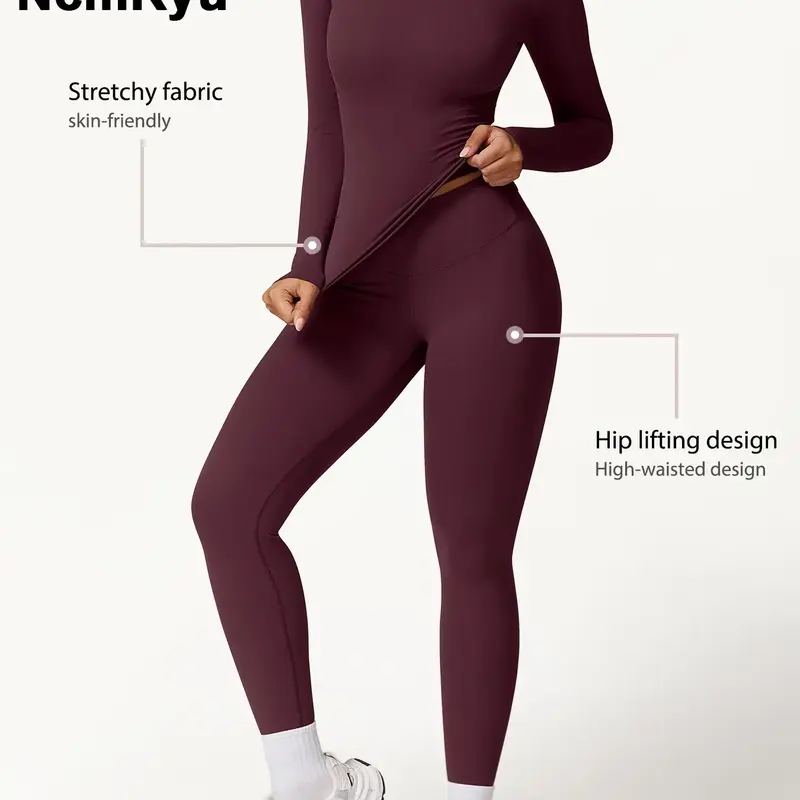 Two-Piece Set Women's Patchwork High Elastic Soft Round Neck Flat Shoulder Long Sleeve Slim Fit Hip Tight Pants Yoga Clothes suit Workout Running Clothes Outdoor Running Cycling Hiking Fashion suit Gym, Workout Sets Women