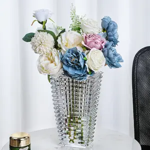 VECELO Glass Vase for Flowers Tall Modern Clear Crystal Rectangle Vase, Ribbed Decorative Centerpiece for Table, Desk, Living Room, Kitchen, Office or Wedding Gift