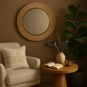 Brown Wood Fluted Room Wall Mirror with Scalloped Edge