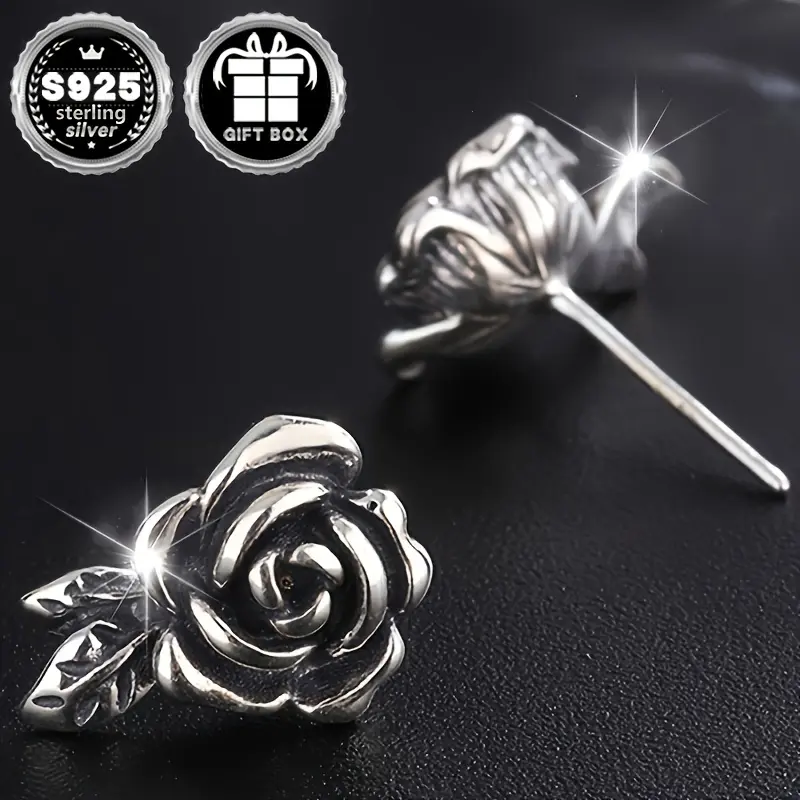 2PC925 Sterling Silver (total Weight About 2.74g) Dark Rose Stud Earrings, Hypoallergenic Gothic Style Halloween Party Earrings For Women, Exquisite Holiday Gifts magnetic earrings non tarnish jewelry earrings for women goth accessories