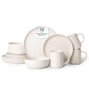 12-Piece Stoneware Dinnerware Sets with Mugs | Microwave & Dishwasher Safe | FDA Certified Non-Toxic Dinner Plates Bowls Set | Stackable Matte Glaze Kitchenware for 3
