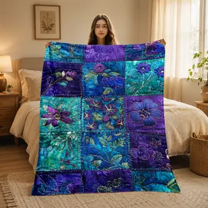 Soft, Warm, and Lightweight Flannel Patchwork Throw Blanket — Featuring Purple Floral and Plaid Patterns; Suitable for All Seasons, Ideal for Use on Sofas, Beds, During Travel, or Camping; Also Serves as a Cozy Bed Cover or Charming Bedding Accessory.