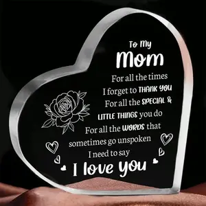 Love Mom Gift Cheap Gifts for mom Heart Shaped Acrylic Block keepsake, Flower & LetterPattern Decorative Ornament, Christmas Gifts Thanksgiving 'Day Gift Room DecorInspirational best mom award Gift