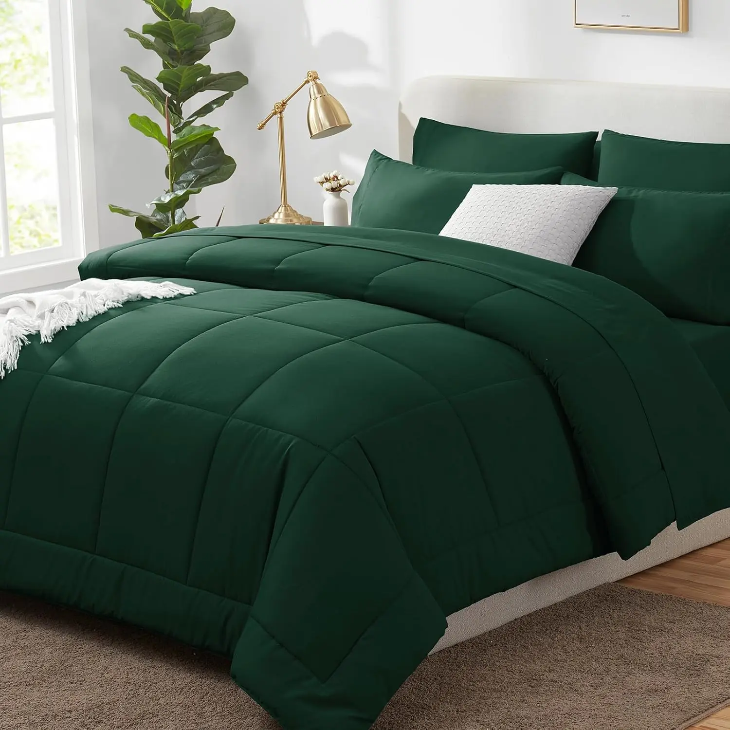 Queen Comforter Emerald Green, 7 a Bag, Green Comforter Queen Size, Sets with Quilted Comforter, Flat Sheet, Sheet, Pillowcases