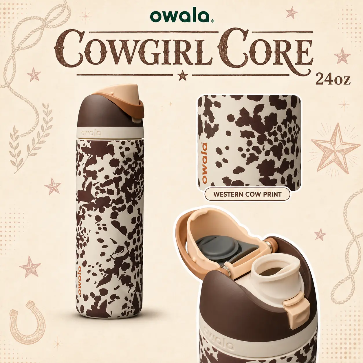 Western Style Water Bottle by Owala | Cowgirl Core 24oz FreeSip Stainless Steel Bottle for Travel, Rodeo & Everyday Hydration