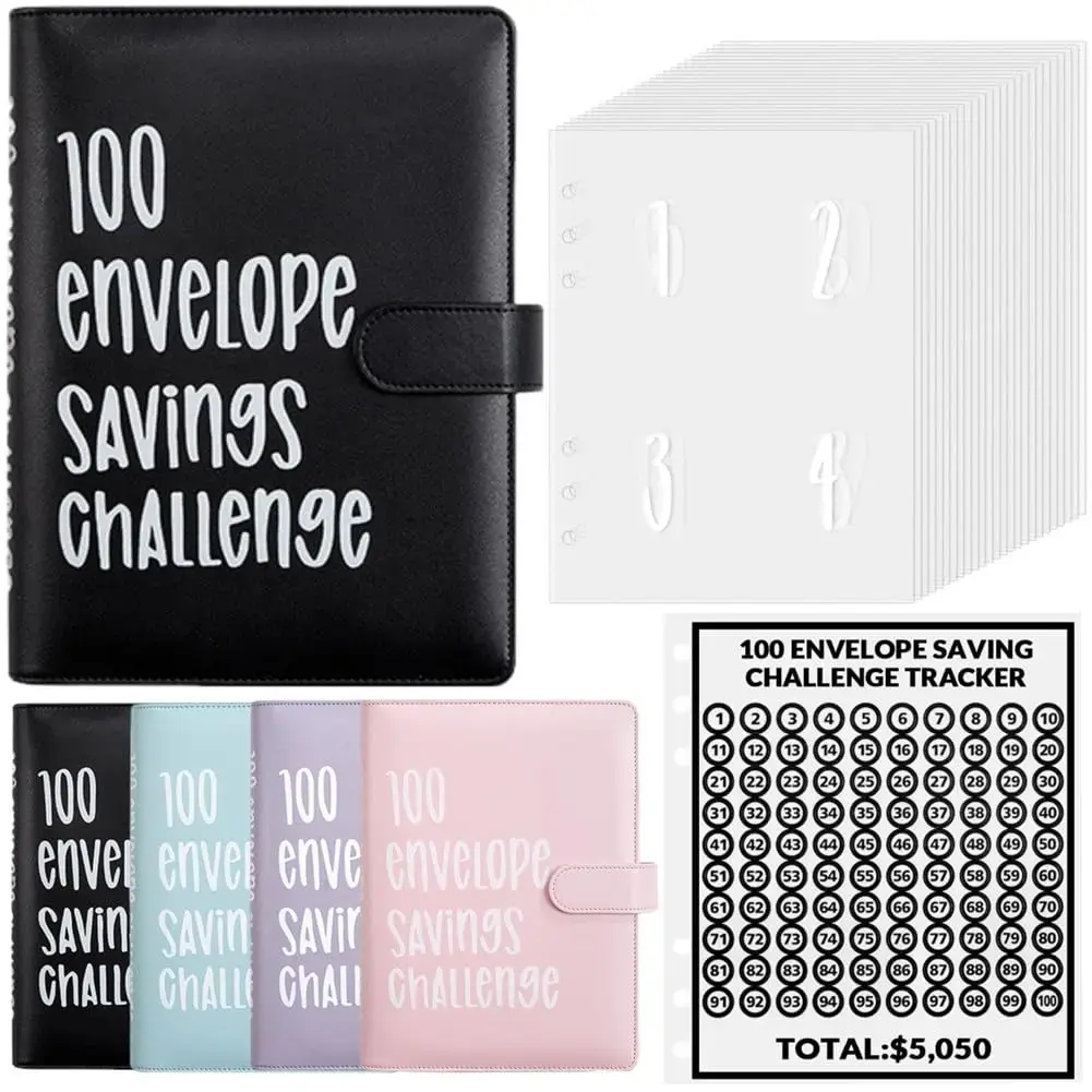100 Envelopes Money Saving Challenge - A5 Money Saver Budget Binder Book with Cash Envelopes and Numbers, 100-Days of Easy and Funny Ways to Save $5,050 Cash Envelope Challenge Binder, Black