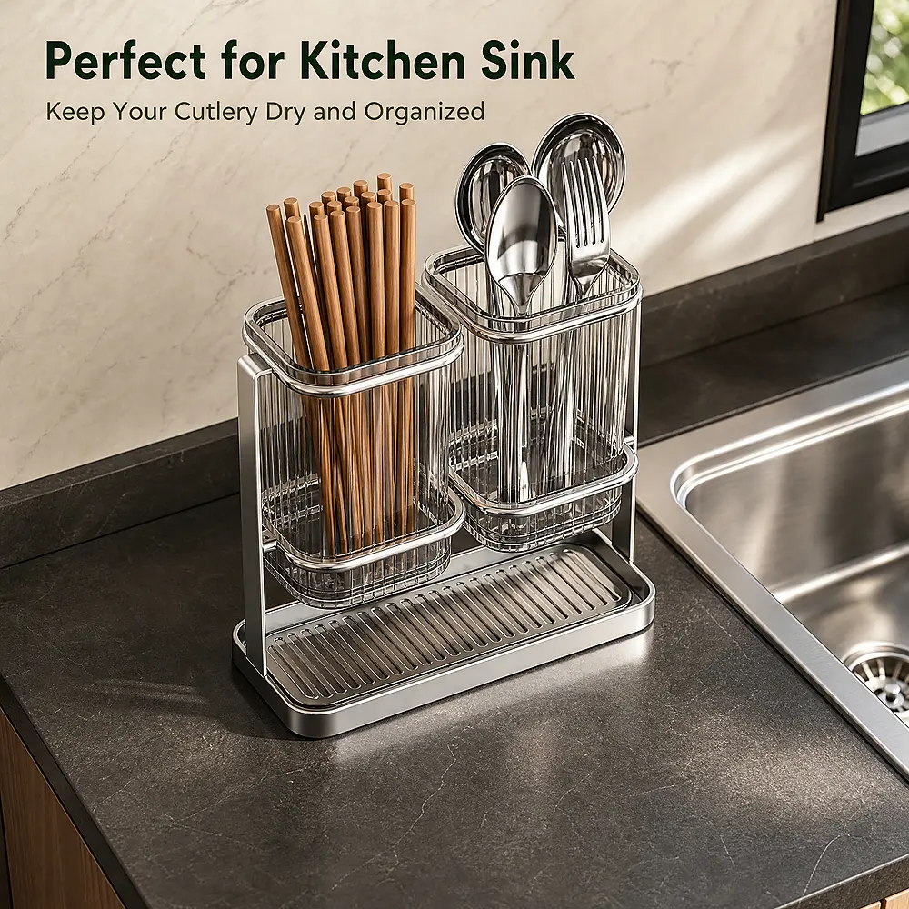 Stainless Steel Wall-Mounted Cutlery Rack with 2-Cup Capacity, Drip Tray & Multi-Use Storage for Forks, Spoons, Knives - Home Organizer Drainage Holder