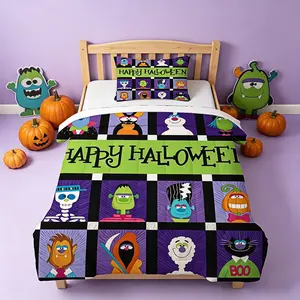 Halloween Themed Comforter Set, Includes 1 Comforter + 1/2 Pillowcases (2/3 Pieces), Cute Monster Grid Pattern, Cartoon Spooky Aesthetic, Perfect Halloween Gift for Teens, Bedroom Decor