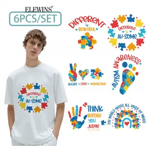 6Pcs Autism Awareness Different Quotes Gold Foil DTF Transfer Heat Transfer for Tshirt Hoodie Jeans Backpack Pillow Machine Washable Creative Festival Gift Unisex Decal Sticker
