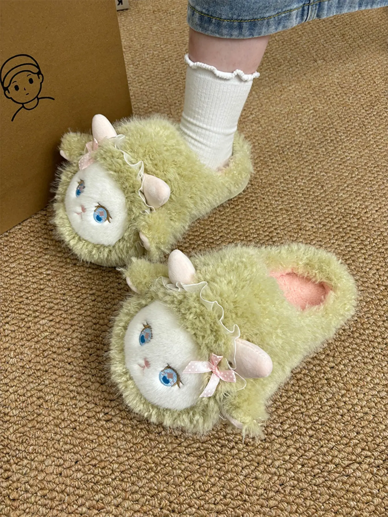 Women's Cute Cartoon Sheep Cotton Slippers, Winter Indoor Warm Thick Sole Shoes, Comfortable Textile Material, Medium Width, Fall & Winter