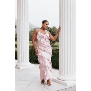 Ciao Ruffles Maxi Satin Dress - Pink