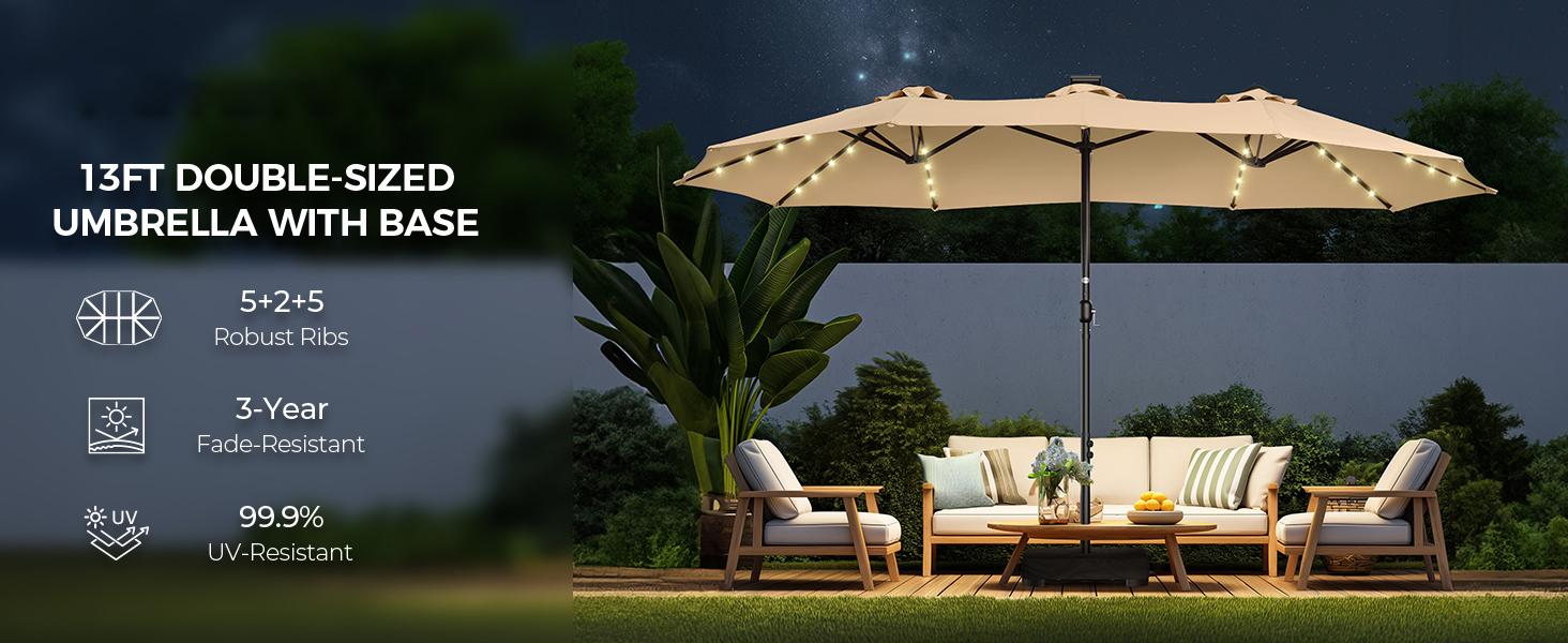 【Oversized】13ft-15ft Solar light Double Sided Umbrellas Solar Lights Outdoor Extra Large Market Table Umbrella with Base Included, Oversized Umbrella for Deck, Pool, Backyard Offset Parasol Offset Patio Parasol Sunshade Canopy