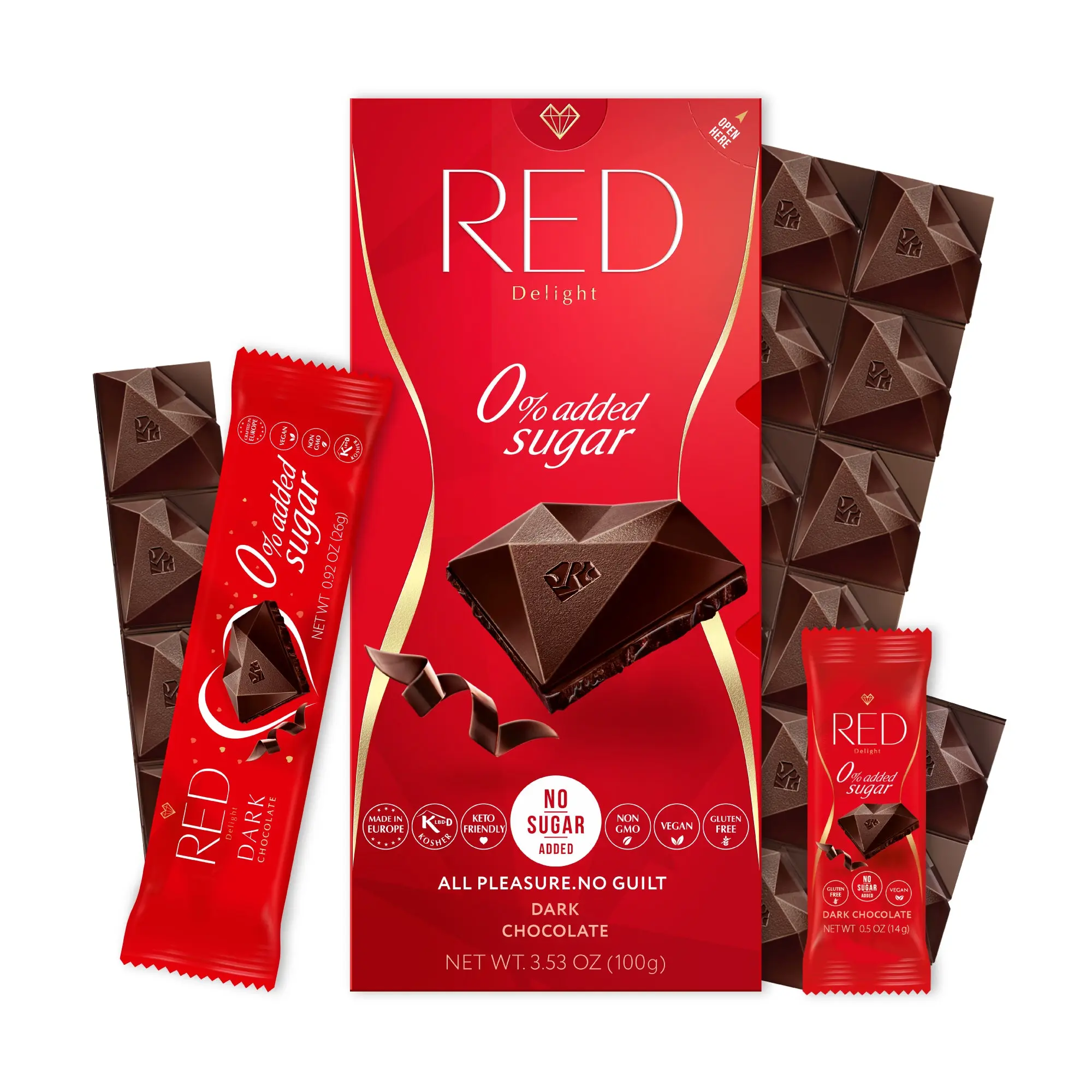 RED Delight Bite Size Dark Chocolate Bars - No Added Sugar, Non GMO, Kosher, Gluten Free, Palm Oil Free, Vegan, Keto Candy Bars Snack Dessert
